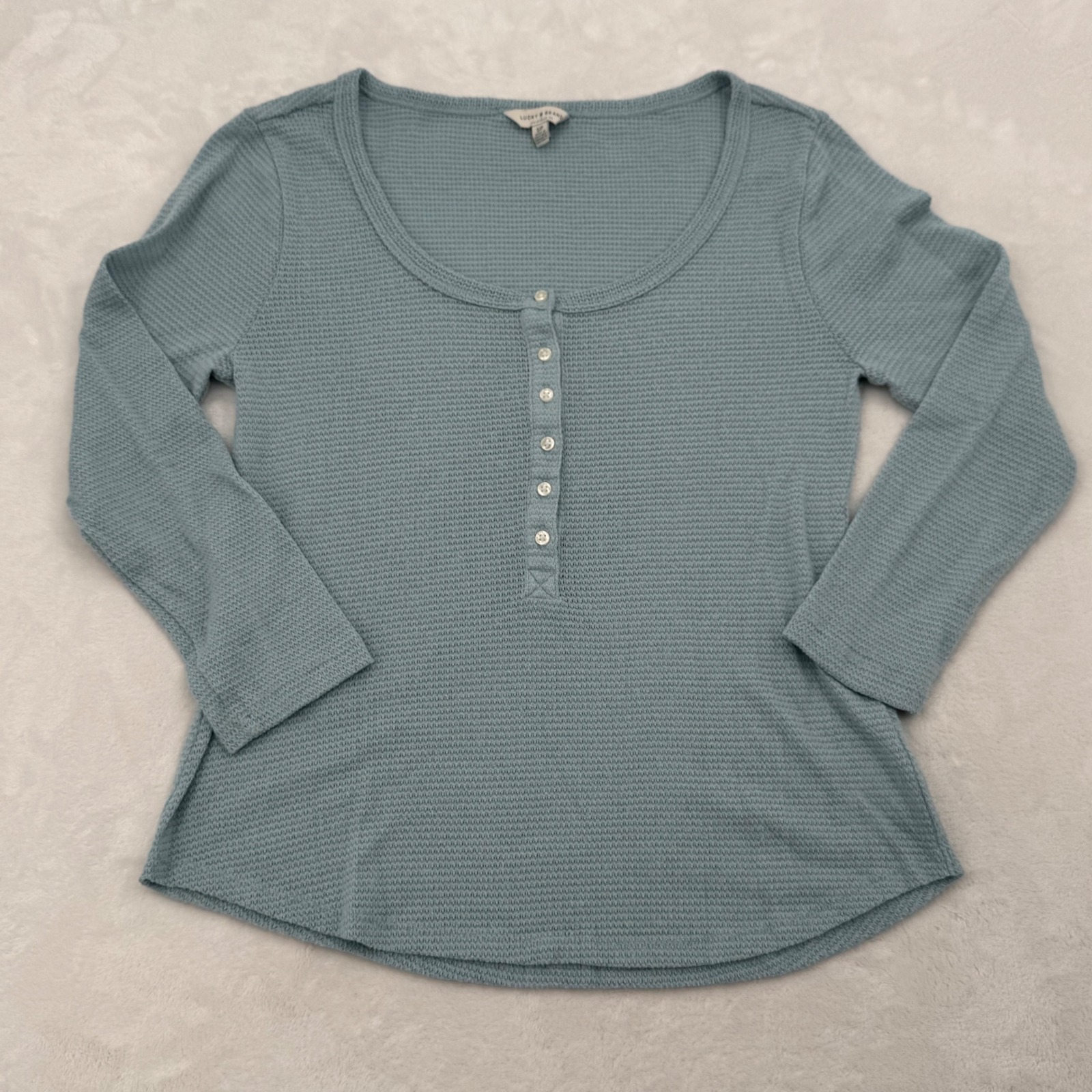 Lucky Brand Womens Dusty Blue Thermal Waffle Knit Henley Top Long Sleeve Small